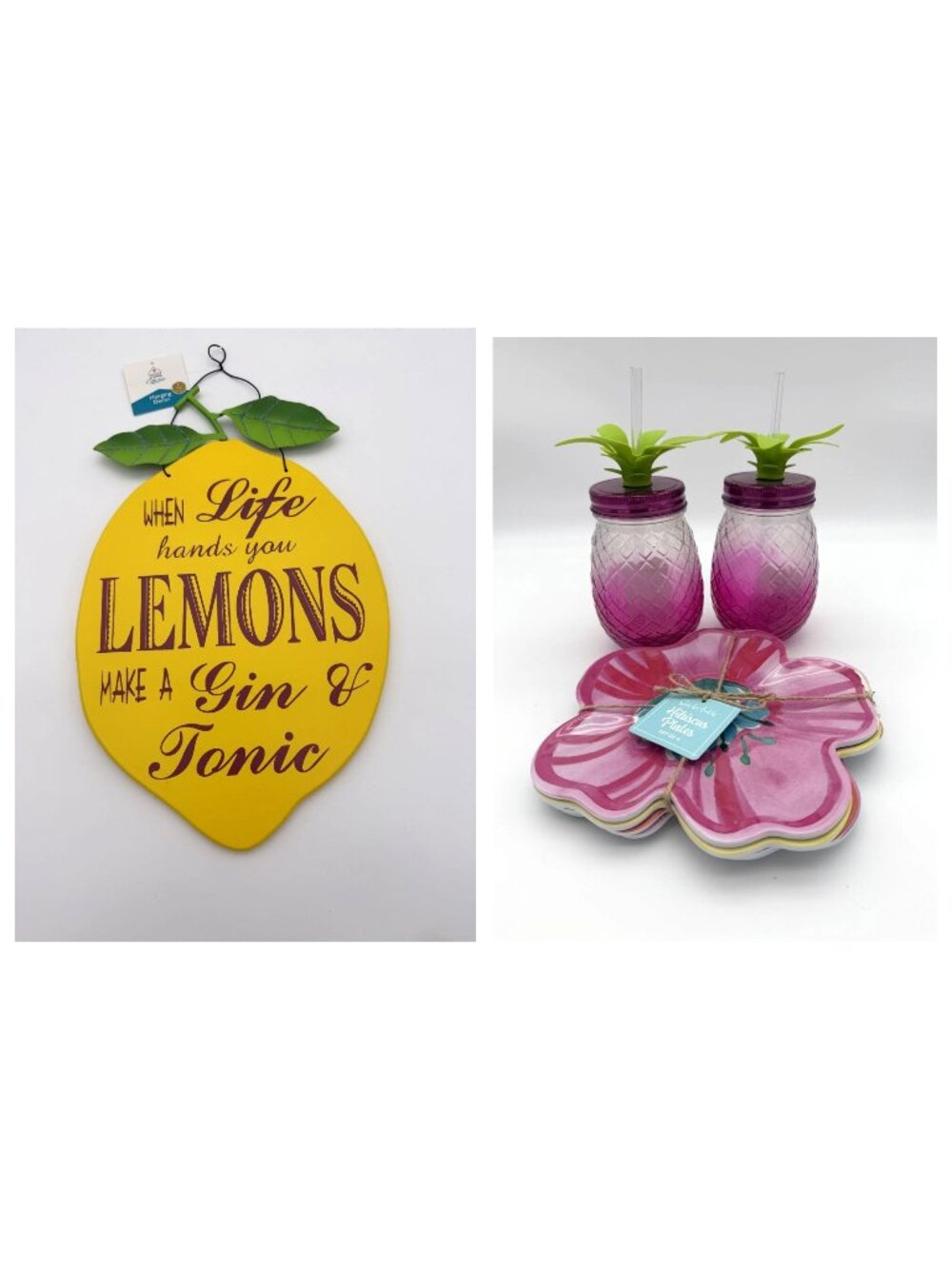 Lot of Summer Dining Lemon Sign Sur La Table Hibiscus Plates Pineapple Jars NWT